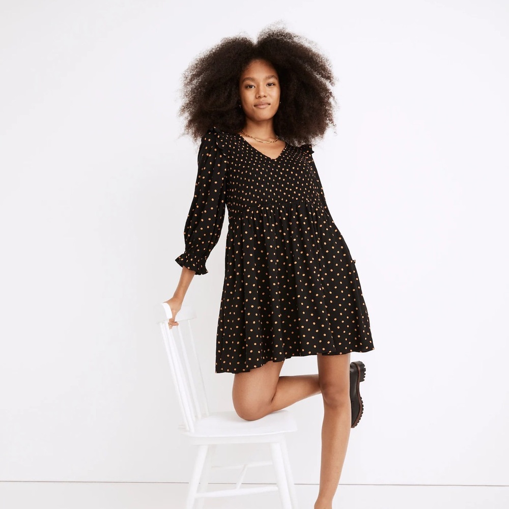 Madewell Lucie V-Neck smocked dress in oval dot  SZ S